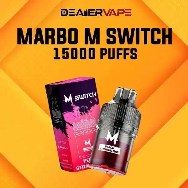 marbo m switch 15000 puffs กลิ่นพีชสตรอว์เบอร์รี พีชหวานหอมผสมสตรอว์เบอร์รีสดใส กลิ่นฟรุตตี้ละมุนทุกคำ